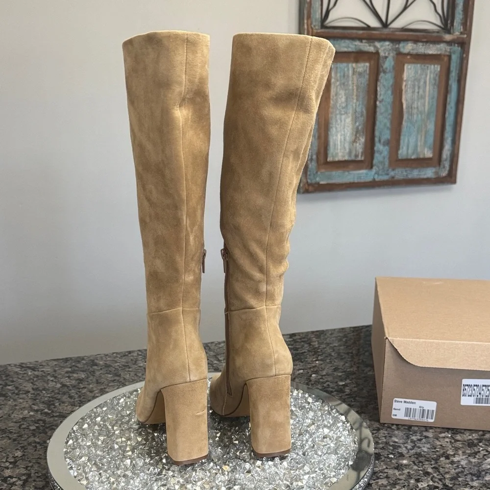 Steve Madden Ally Tan Suede Knee-High Block Heel Boots NEW 6
